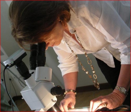 Liana Vettori esamina un documento al microscopio nel suo studio