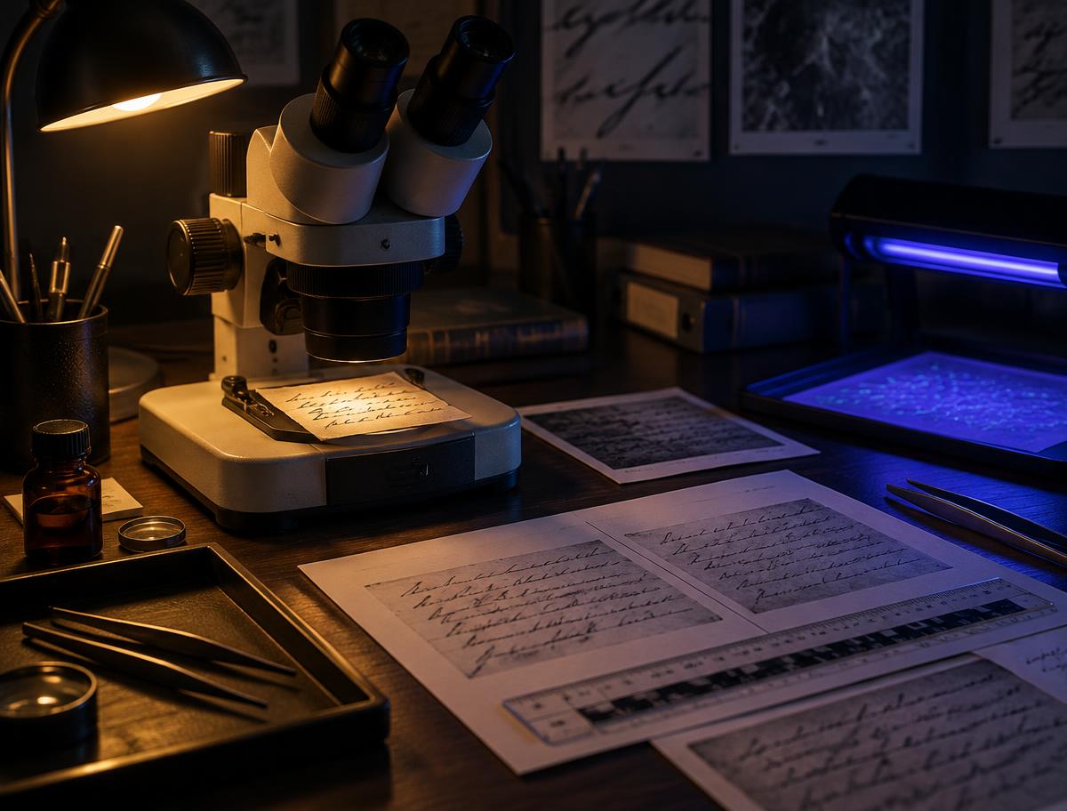 Laboratorio per l'esame documentale: microscopio, lampada UV e scritture a confronto